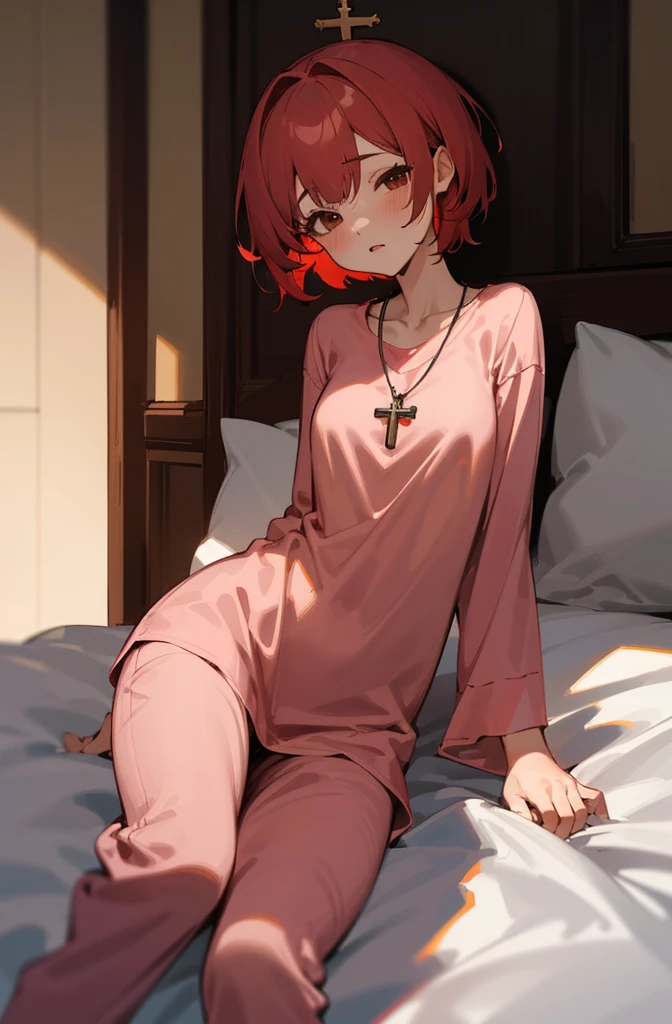 1 woman, short red hair, brown eyes, wearing a a sexy pijama. She wears a necklace with a Catholic cross. in a room, absurdness, high res, ultrasharp, 8K, masterpiece, looking at viewer. sleeping on the bed