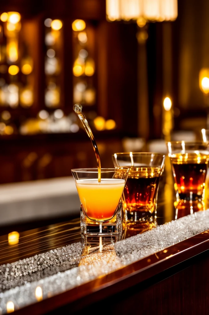 A photographic image of exceptional quality, captured in RAW format with meticulous attention to detail. The scene features Remy Martin Louis XIII Black Pearl Magnum cognac being elegantly poured into a crystal glass, the warm amber liquid cascading gracefully. Soft, diffused lighting bathes the room, casting a mellow glow on the luxurious mahogany bar counter. The vintage atmosphere is further emphasized by the intricate patterns of the bar and the smooth bokeh effect of the background. Rich golden accents add a touch of opulence to the refined ambiance, as the leisurely evening feel invites one to unwind and savor the moment.