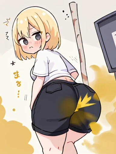 1 girl、fart、shyness、blush、blonde、big breasts、Gas comes out of the butt、stick out your butt、Hip Attack、girl's room、the air is dirty、I hear a loud fart、black shorts、White Y-shirt