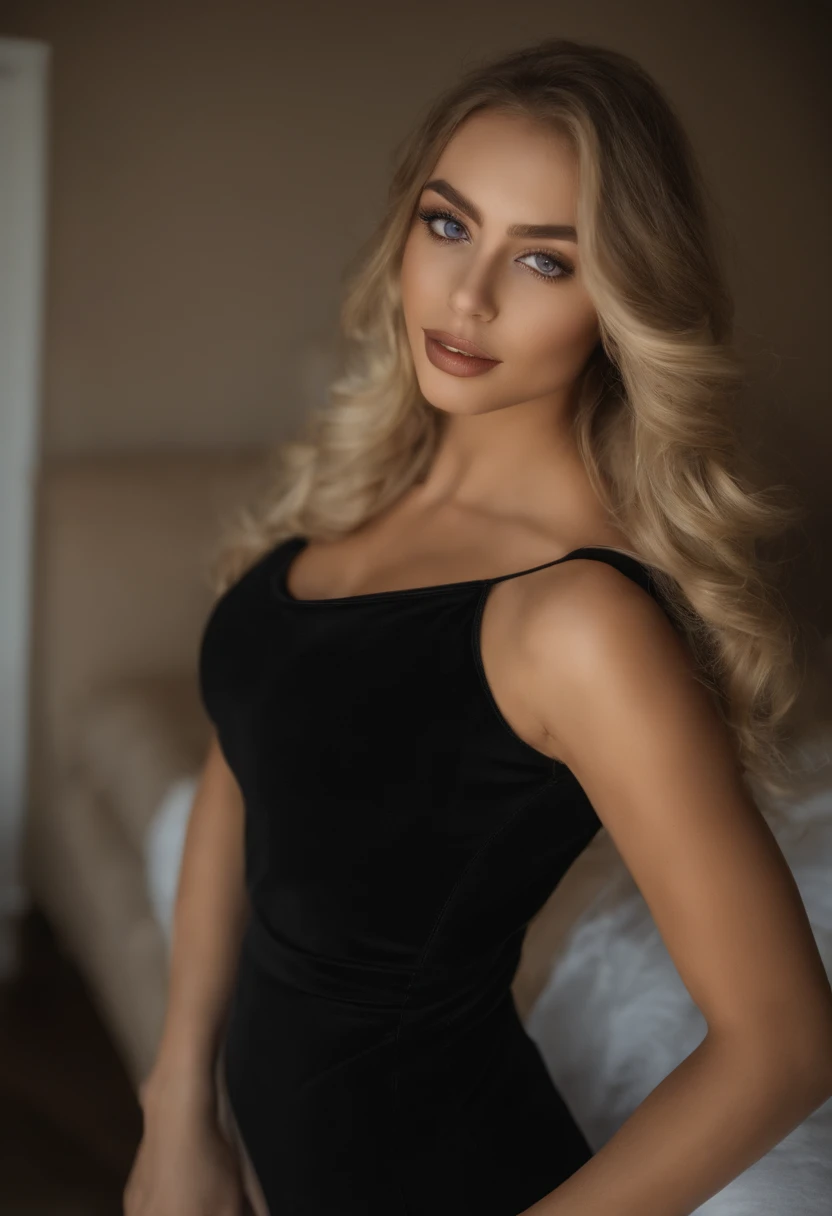 oman with Black dress and panties, fille sexy aux yeux bleus, Portrait Sophie Mudd, Portrait de Corinna Kopf, cheveux blonds et grands yeux, selfie of a young woman, ohne Maquillage, maquillage naturel, Look directly into the camera, Visage avec Artgram, dezentes Maquillage, Superbe photo du corps entier, dans la chambre, gros seins, Blonde, Latin