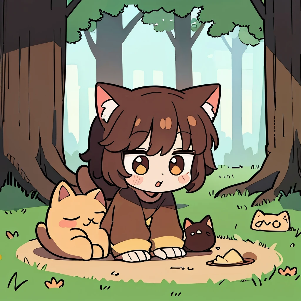 A cookie cat made of chocolate chip and a windago playing in the woods