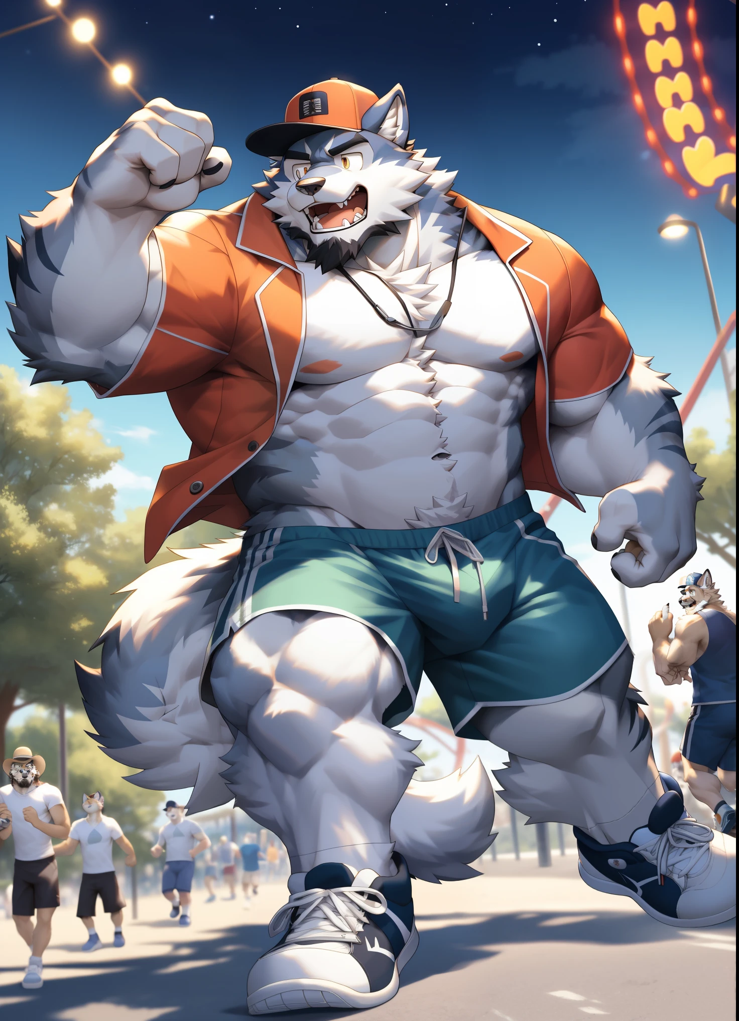 hairy，（（Wolf，Loose coat，shorts，Board shoes，hat）），beard，white socks，white fur，male，Common，full body picture（（极其lifelike阴影，masterpiece，Very detailed，lifelike））， （（Cat）），dynamic poses，amusement park，night（（极其lifelike背景，masterpiece，Very detailed，lifelike））detailed background
