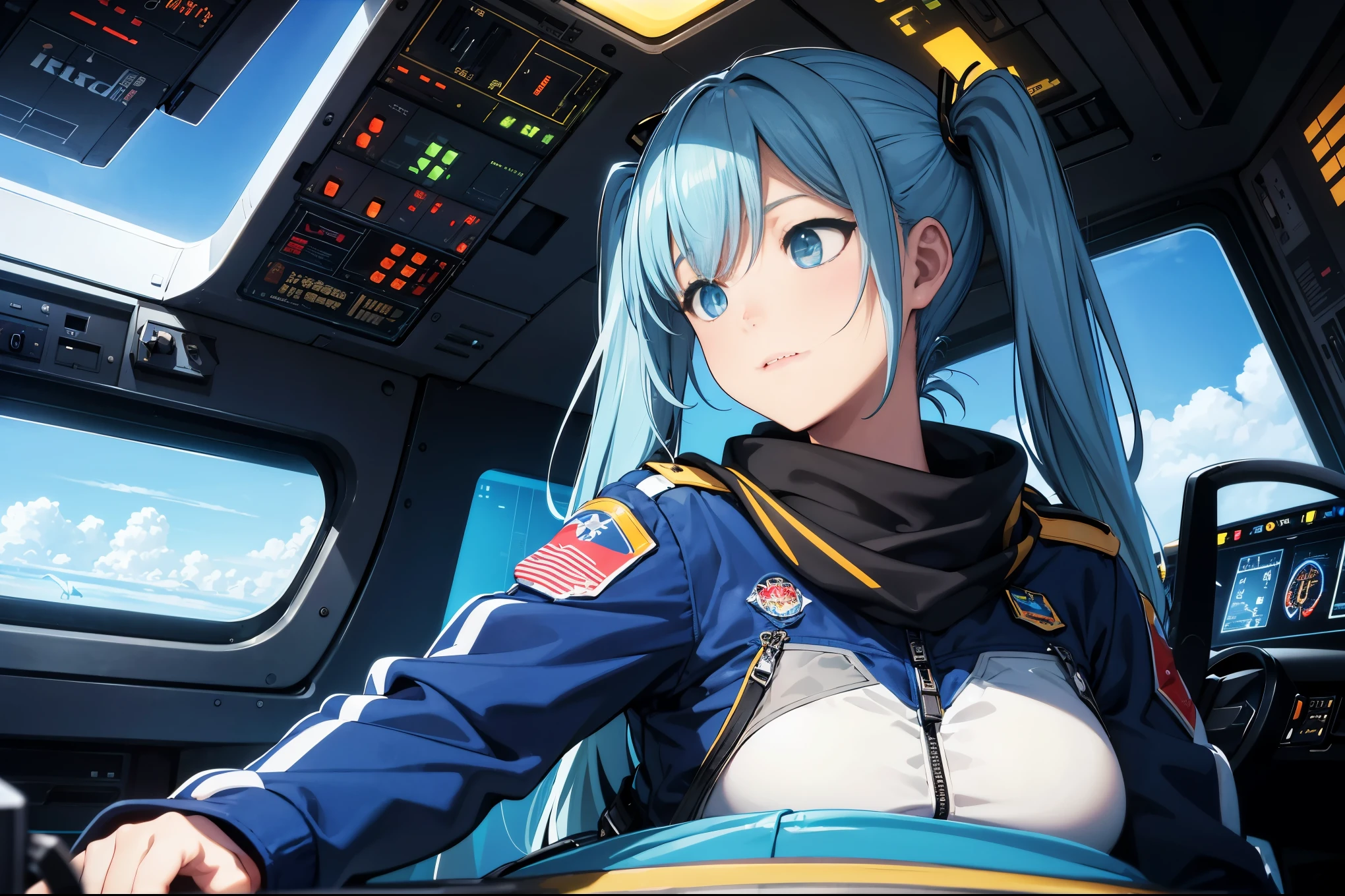 masterpiece, above the sky、Beautiful young pilot sitting in the cockpit、light blue long hair、twin tails、 The pilot is wearing an acrisp suit..., custom flight suit,Adorned with scarves and patches representing their experience and expertise.... Scene inside the cockpit of a movie theater, Golden Light,The cockpit is full of light panels.., Dials and buttons., Convey a sense of precision and control. Pilot looks at dashboard、I pressed the button through the transparent roof..., Superb view of the vast sky..., Spot with fluffy white clouds and sunlight streaks against other commercial aircraft flying in the background..., The pilot's hand gently grasped the control yoke... , epic scene, Bright colors, Full HD, dynamic lighting, Ultra-high detail, dramatic light, Movie Poster Style, asymmetrical composition, realistic portrait, unreal engine, concept art
