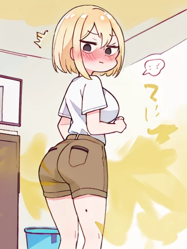 1 girl、fart、shyness、blush、blonde、big breasts、Gas comes out of the butt、girl&#39;s room、the air is dirty、Brown shorts、White Y-shirt