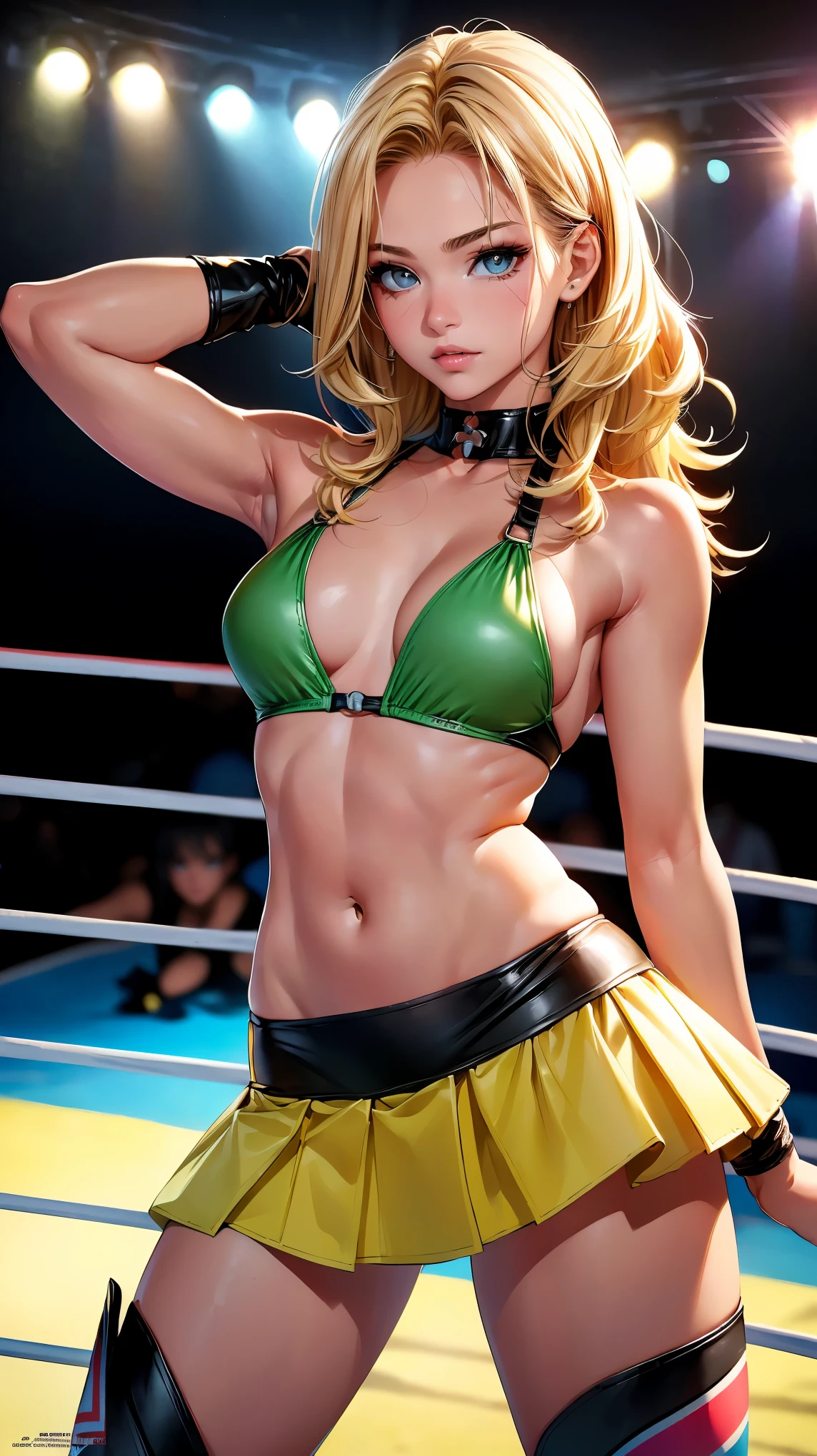 (8K, RAW photo, 最high quality, masterpiece:1.2), High-definition RAW color photo, Professional photo shoot, cinematic light, (((young woman, gal))), (Sharp features), (Big eyes), (small face), (high detail skin:1.2), cute face, beautiful appearance, long eyelashes, (blonde), (toned body:1.5), (clean breasts), very detailed顔と肌の質感, detailed eyes, natural makeup, (colorful bikini:1.2, Colorful mini skirt:1.2, boots, female professional wrestler:1.5), (((fighting pose:1.5, Arms in front of you, nervous look))), staring eyes, beautiful skin, shiny skin, (large crowd:1.2, Pro wrestling), perfect fingers, five fingers, anatomically correct, background bokeh, high quality, surreal, bright colors, ((very detailed, photo shoot)),