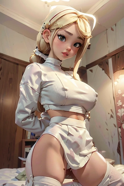 1girl, Blonde braided hair, (squatting), dressed in Glossy White Leather skirt, (black lace panty:1.3),  also she's a Nurse, on the battle field. gigantic breasts, ctmp, abs, giga_busty, fullbody shot, bottom view from below