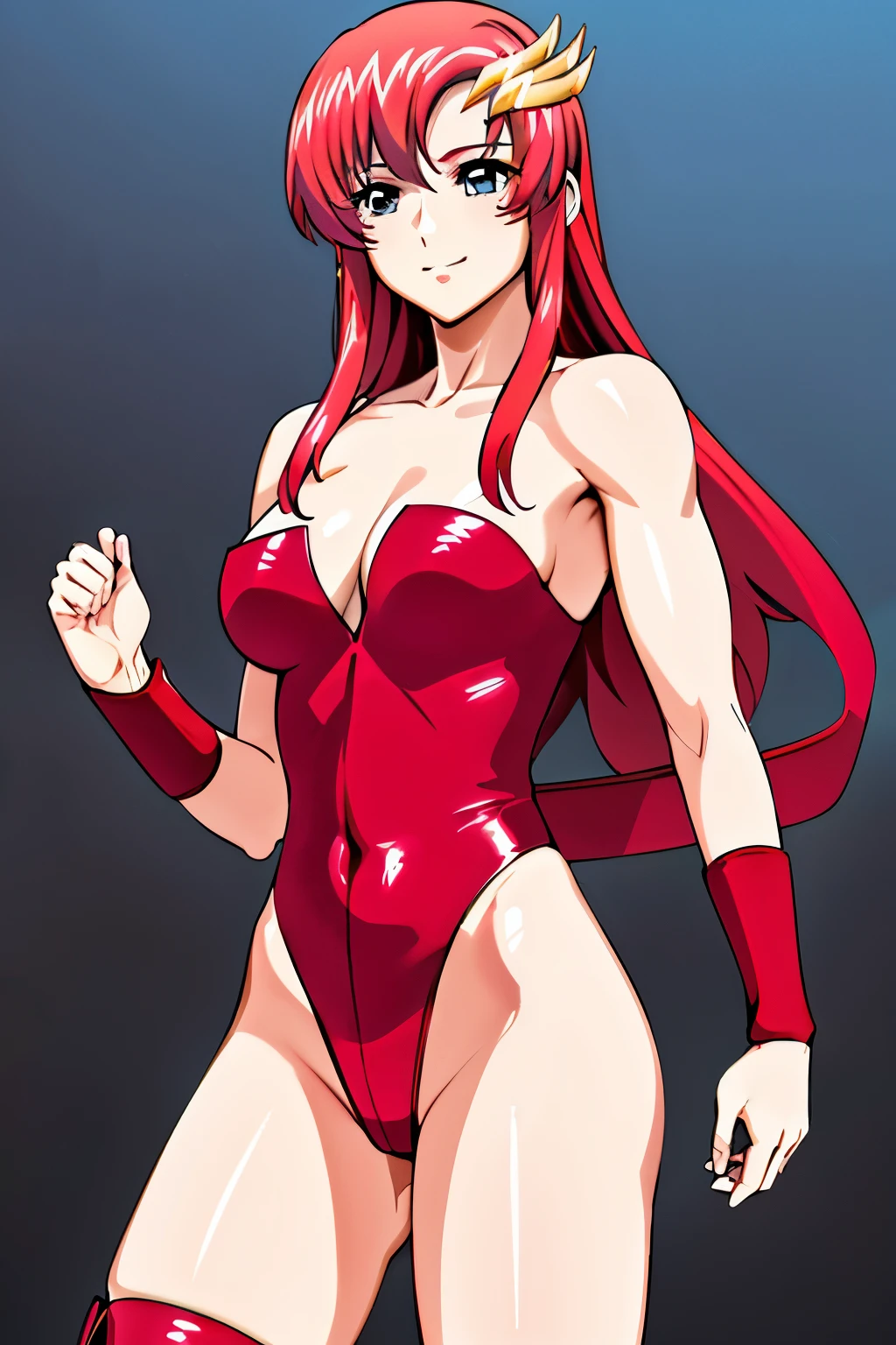 lacus4, female wrestler, exposed belly, (red long boots), (masterpiece, strapless only, very slim shoulders, 4K, Best Quality, Anime style: 1.9, happy, Adult Woman, (ultra detailed head), (cloud background), Drawing lines, high resolution, lacus4), 1girl, Solo, curvy figure, Long hair, 鎖骨, scapular, (Detailed wide hair bangs, Hair Ornament, Detailed reddish-pink hair, shiny streaks, slim arms, detailed golden crest), cleavage, large hands, (hair cover shoulders). (Big blue eyes, shiny eyes), ((female wrestler, (slim body), little biceps, slim arms, closed fists, thighs)), ((perfect proportions, medium breasts, long belly)), (((very tight leotard, crimson strapless leotard only, red arm band, neck band))), smile, (standing, hot colors), detailed fingers, (bare shoulders)