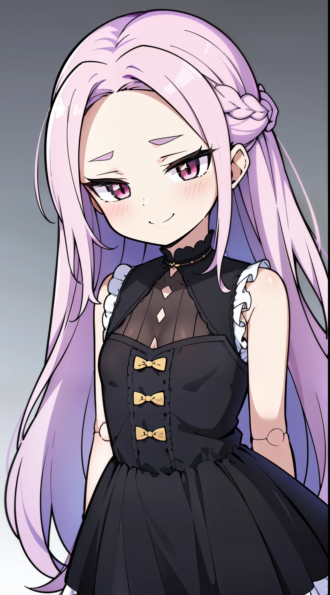masterpiece, best quality, sharp focus, absurdres, 1girl, solo, fantasy, light purple hair, very long hair, curly hair, french braid, single sidelock, forehead, red eyes, pink eyes, detailed eyes, medium breasts, breasts, young girl, smirk, small smile, evil face, black victorian dress, ornate white dress, (sleeveless), off-shoulder dress, frills, (dollgirl, doll joints), looking at viewer, arms behind back, sunrays, volumetric lightning, focus on character, white background