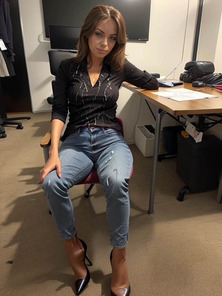 woman, sitting in an office chair, skinny jeans, stiletto heel ankle boots, cum on cloth
