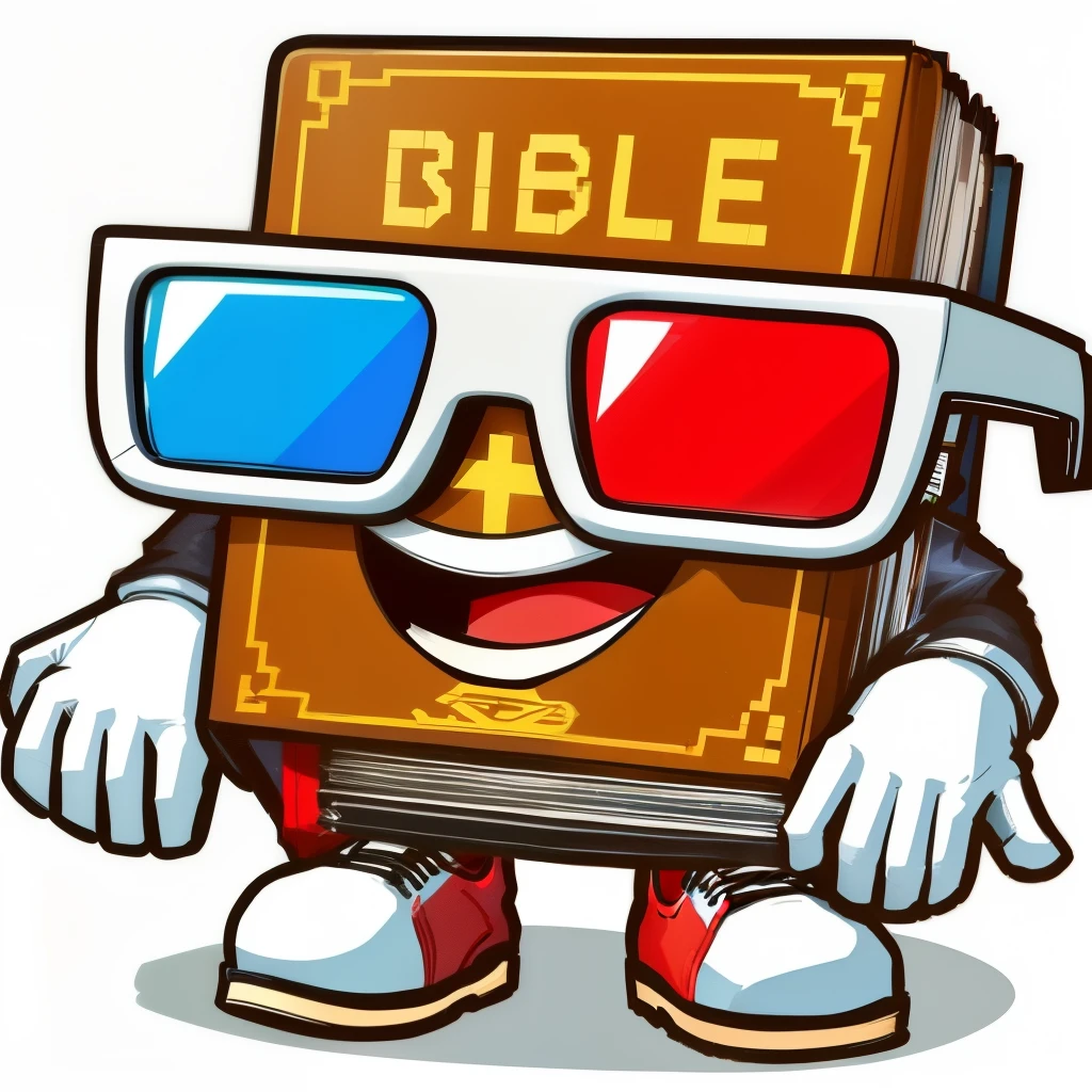 cartoon Bible with glasses and a pair of 3d glasses, Bible illustration, Bible, biblical image, Ancient Biblical, 🔥 😎 🕹️ 👀 :2, cartoon illustration, sagrado, biblical art style, christlikeity, nerds, incredible, christlike, with science book, muito estilizado, Recursos do jogo, antigo Testamento, emoji nerd, 🕹️ 😎 🚬, senhor