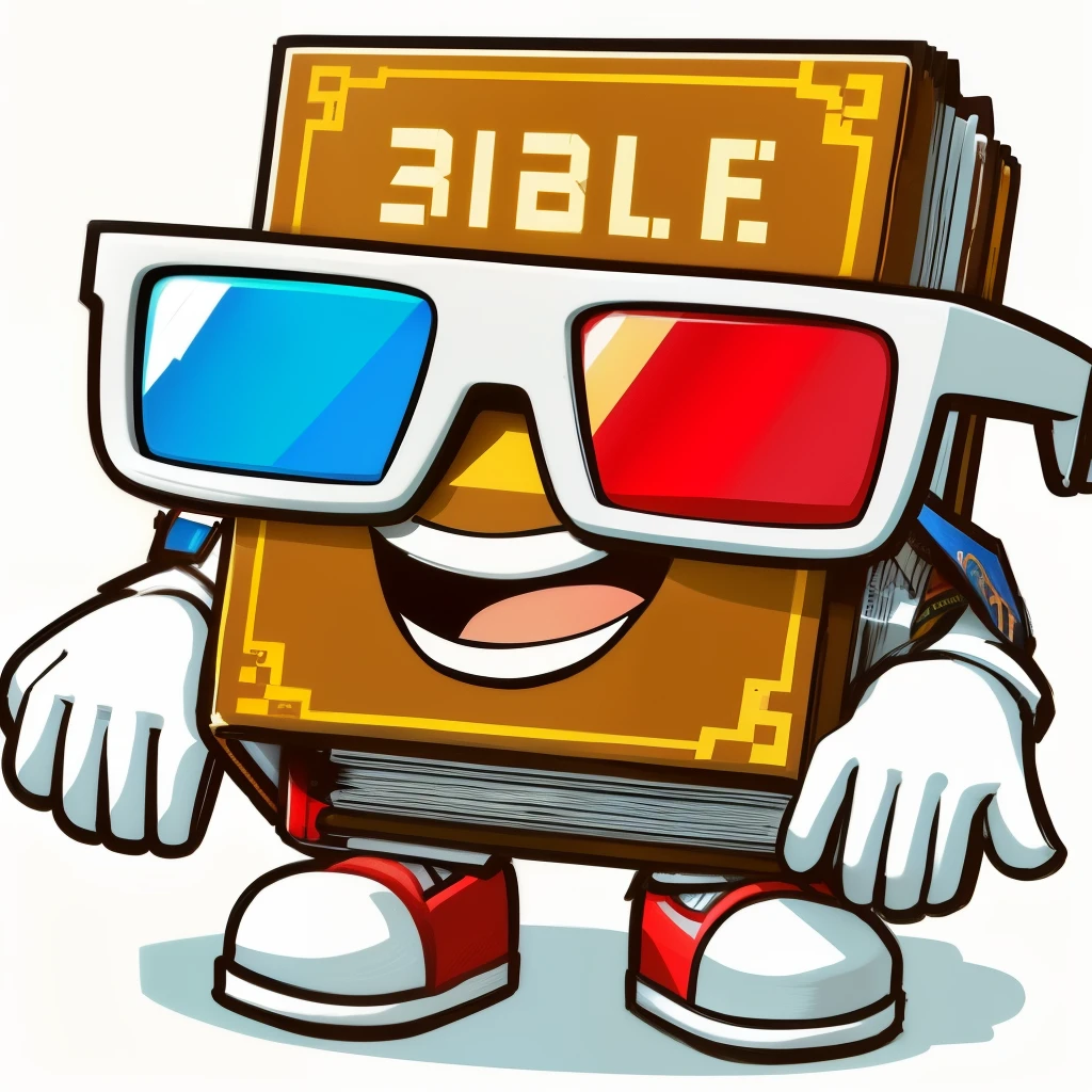 cartoon Bible with glasses and a pair of 3d glasses, Bible illustration, Bible, biblical image, Ancient Biblical, 🔥 😎 🕹️ 👀 :2, cartoon illustration, sagrado, biblical art style, christlikeity, nerds, incredible, christlike, with science book, muito estilizado, Recursos do jogo, antigo Testamento, emoji nerd, 🕹️ 😎 🚬, senhor