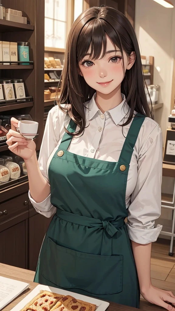 1lady solo, /(staff uniform/) /(deep green apron/), /(brown hair/) bangs, blush kind smile, (masterpiece best quality:1.2) delicate illustration ultra-detailed, large breasts BREAST /(cafe shop/)