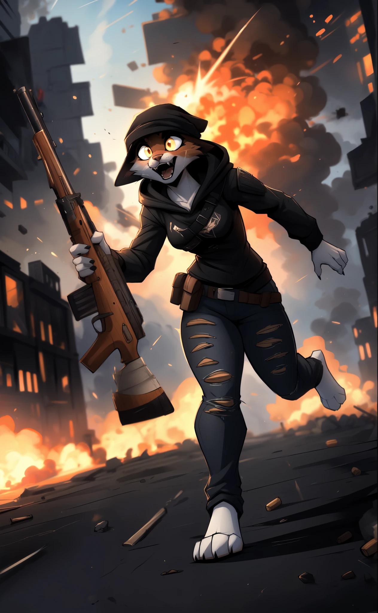 By black-kitten, by zackary911, by azoomer, by braeburned, a rifle in her hand, with a wooden barrel, hunting rifle,