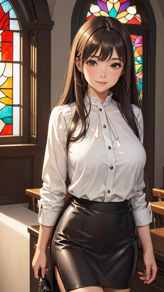 1lady solo, walking slowly, (blue silver blouse) (leather skirt), mature female, /(brown hair/) bangs, blush light smile, (masterpiece best quality:1.2) delicate illustration ultra-detailed, large breasts BREAK (holding pouch) BREAK (corridor of high-end restaurant:1.2) indoors, (stained glass window), (setting sun's light), detailed background