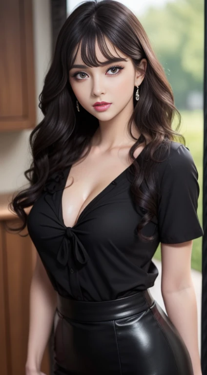 beautiful women, adult women, masterpiece, best quality, ultra detailed, photo realistic, shiny eyes, detailed face, collarbone, beautiful eyes, green eyes, detailed eyeshadows, black hair, lip gloss, pink lip, makeup, sexy, breast, (attractive:1.5), (bangs:1.3), (shiny skin:1.1), sharp focus, puffy eyes, (kpop idol:1), (wavy hair:1.5), full body, (long hair:1), wearing black shirt, sexy black skirt, white shoes, (beautiful:1.5)