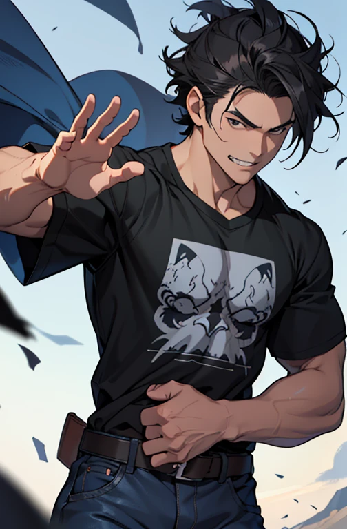 ((highest quality))、((８K))、((High resolution))、((masterpiece))、((Super detailed))、((anime style))、a handsome guy、Handsome young man in anime、((Looking at the camera from the side))、((standing))、(muscular)、medium sized build、medium height、uneven black hair、Black eyes reminiscent of darkness、A gaze filled with the intention to kill the enemy、（Sharp, strong and well-defined eyes）、natural eyebrows、very short hair、Unruly hair waving、fearless smile、sharp canine teeth like a beast、plain black athletic t-shirt、dark blue jeans、（fighting pose）、wind blowing