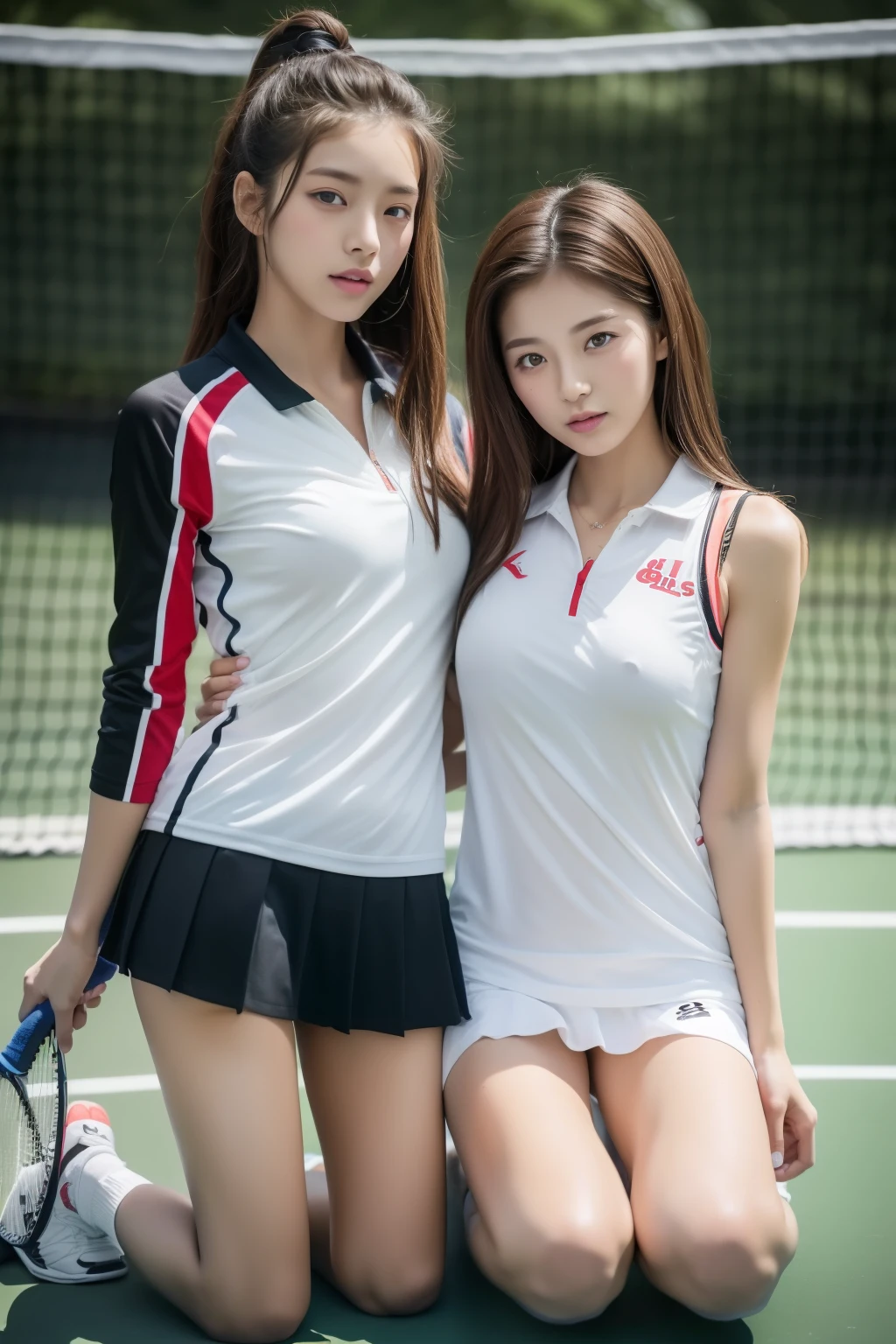 ((highest quality, 8K, masterpiece: 1.3)), (kneeling on the floor, spread legs :1.2), perfect body beauty: 1.4, big_chest, Beautiful woman, two women, big: 1.4, slender body shape: 1.1, toned abdominal muscles, dark brown hair, short hair, (tennis, wet body, tennis Uniform: 1.2), super detailed face, detailed lips, fine eyes, double eyelid, face to face, hug from behind, (2 girls:1.6), tennis field,