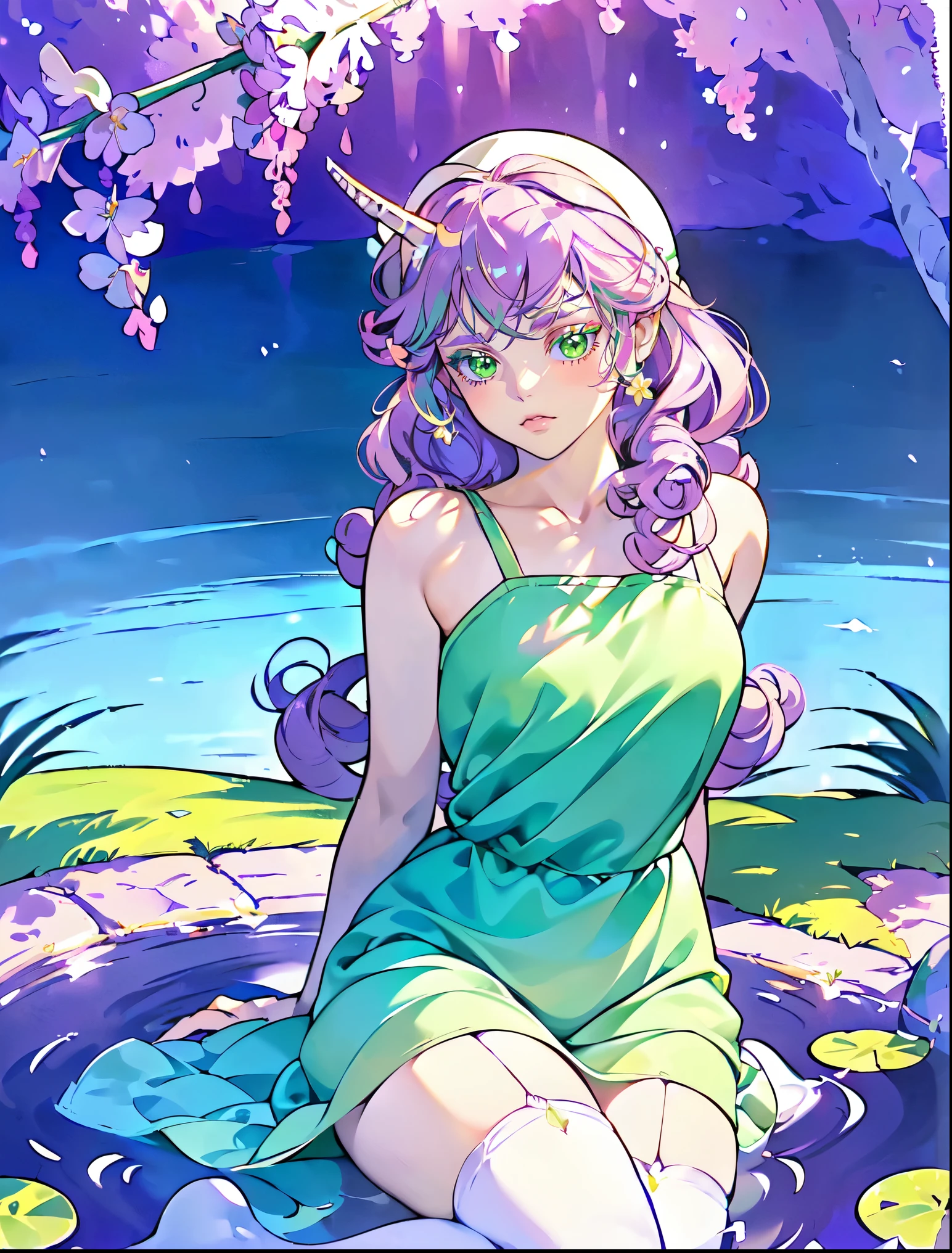 Sweetie belle, sweetie belle from my little pony, sweetie belle in the for of a young girl, solo, 1 girl, in a mythical garden: 2.0, ((light pink and purple hair, coil curls: 2.5, dark green heavenly eyes: 1.5, wearing a green and white dress, happy: 1.5, soft smile, her surroundings are ethereal, ((ultra realistic high quality top quality 4k)), one white thin really thin unicorn horn in her forehead: 3.0, bright sunny day: 1.urple and green flowers everywhere: 3.2, bushes, POND WITH LILY PADS: 3.0, jacaranda trees: 2.0, highly detailed jacaranda trees, green grass: 1.3, wearing a white summer hat with purple ribbon, summer dress with flower patterns, dainty features: 2.0, like features: 2.0 two white cat ears: 1.0, ONE WHITE THIN THIN REALLY THIN HORN ON HER FOREHEAD, two white cat ears, pure white skin, green thigh high, highly detailed legging, purple heel, shiny hair, slightly shiny skin, sun rise, morning, shining ponds, lavender flower everywhere, shining eyes, soft gentle smile cute pink soft light blush,