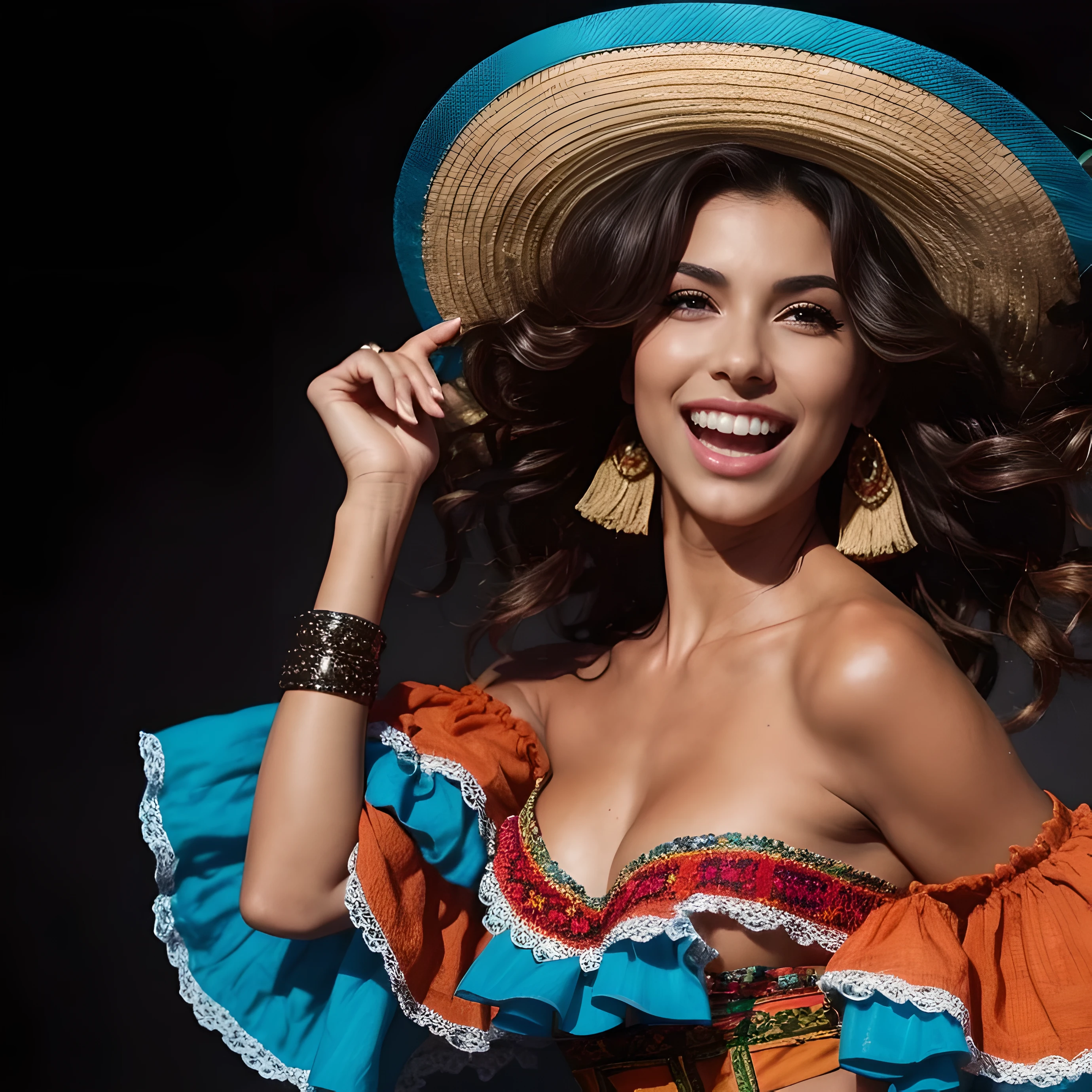 araffe woman in a mexican costume with a big hat, beautiful mexican woman, wearing sombrero, she is mexican, beautiful tan mexican woman, smiling fashion model, happy fashion model, with straw hat, folklorico, mexican folklore, happy fashion model face, wearing huge straw hat, mexican, beautiful and smiling, modeling photography, gorgeous woman, cute woman