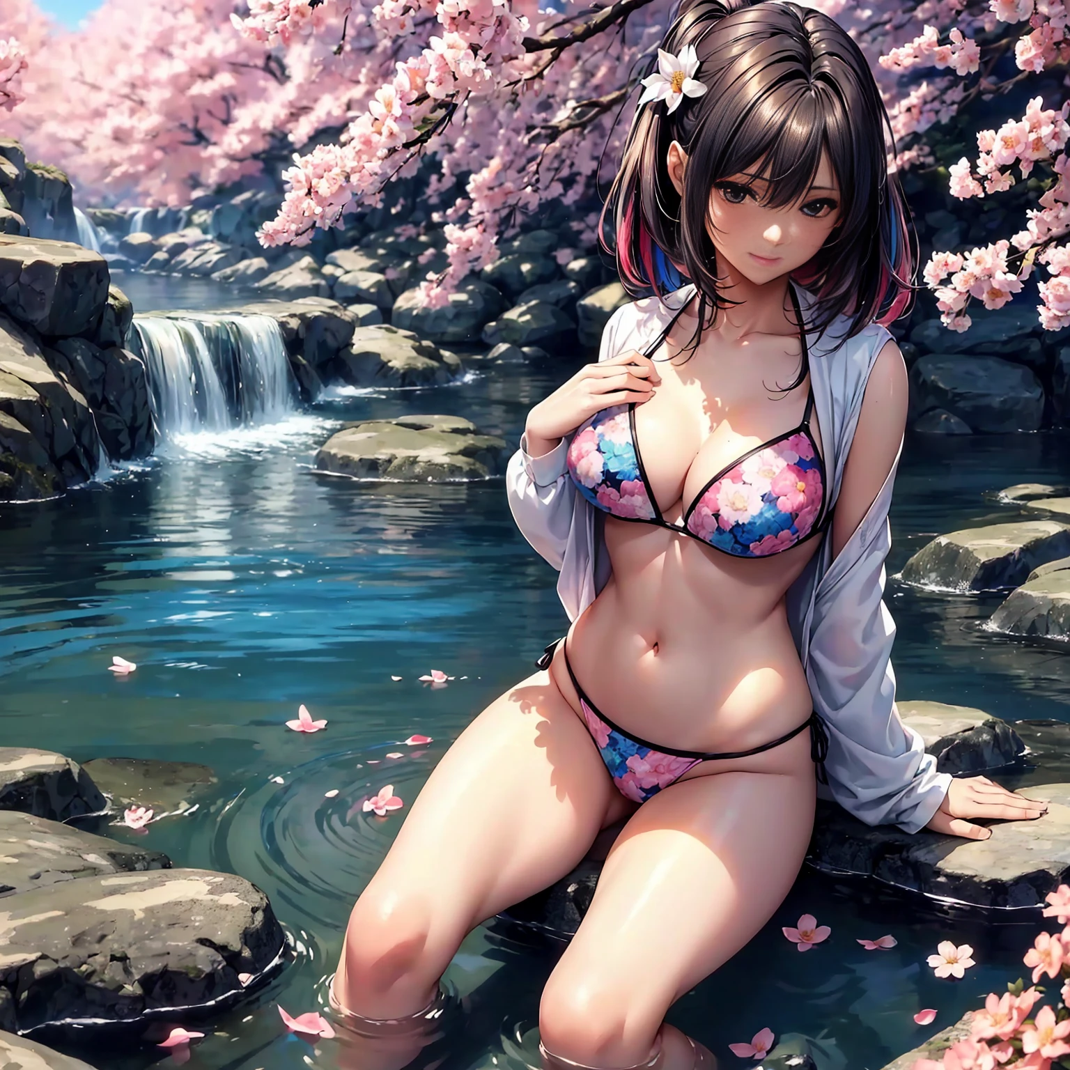 (highest quality、masterpiece、very high resolution、ultra high resolution.high quality details)、(A woman of perfect and ultimate beauty:18-year-old,bright smile,beautiful body、beautiful face)、(There are many variations of hairstyles,Bangs are neatly arranged),(Beautiful breasts with a slender body shape:F cup,Beautiful hair texture,beautiful skin texture,Lifelike textures,Beautiful colors)((Cute bikini swimsuit:floral and colorful,Sexy Bikini Swimsuit)),(Fantastic waterside,There is a waterfall,Night cherry blossoms and lanterns,mysterious night sky、beautiful scenery),(water play,beautiful pose,model shoot),(whole body,Thighs are visible,accurate anatomy、highly detailed images、accurate image、Perfect Image 1.5)、beautiful anime woman, beautiful art style, anime character、(Overall image、Image without defects、natural soft light、beautiful images),(best shot,Raw photo 1.2)