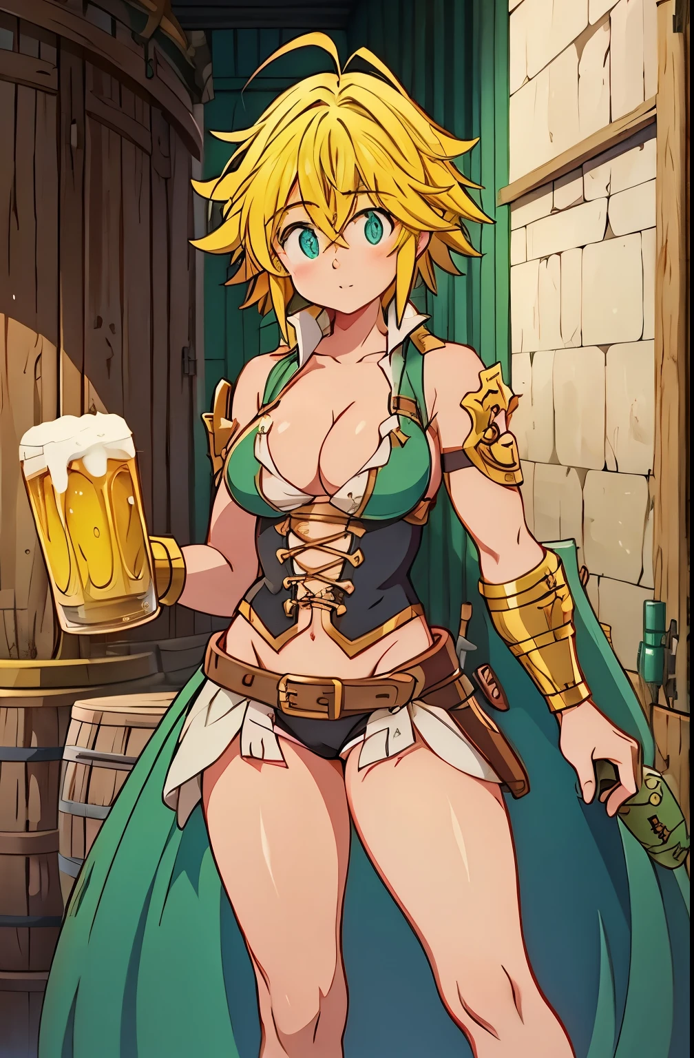 Meliodas in female version with medium breasts holding a beer in her hand 