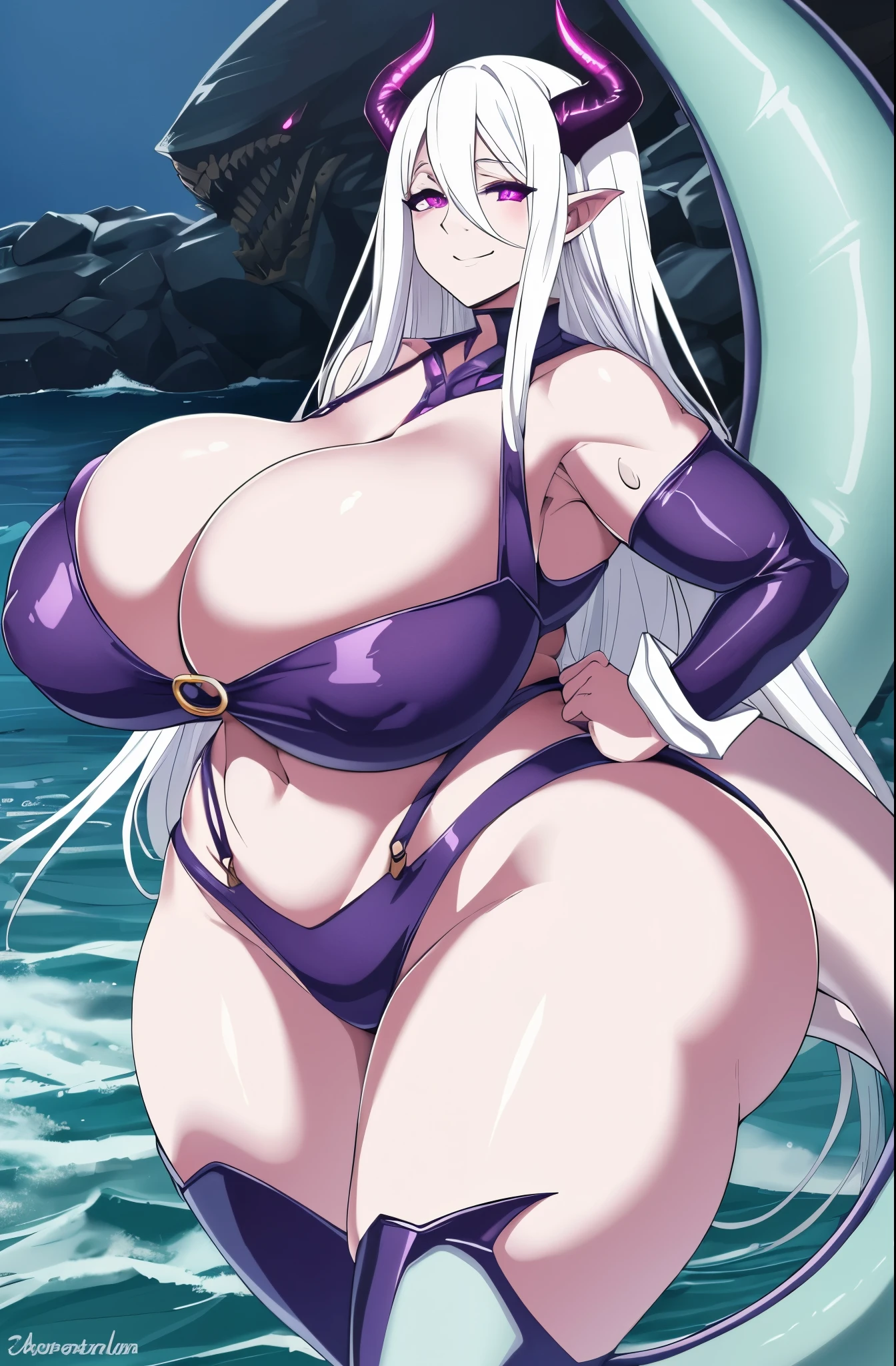 succubus, white hair, sea serpent, leviathan, sea monster, enormous breasts, giant ass, very curvy, Wide hips, thick thighs, Bursting breasts, huge , heavy breast, white silk, areola. nipple, big ass, abdomen muscle, sweaty, glowing purple eyes, evil smile,
