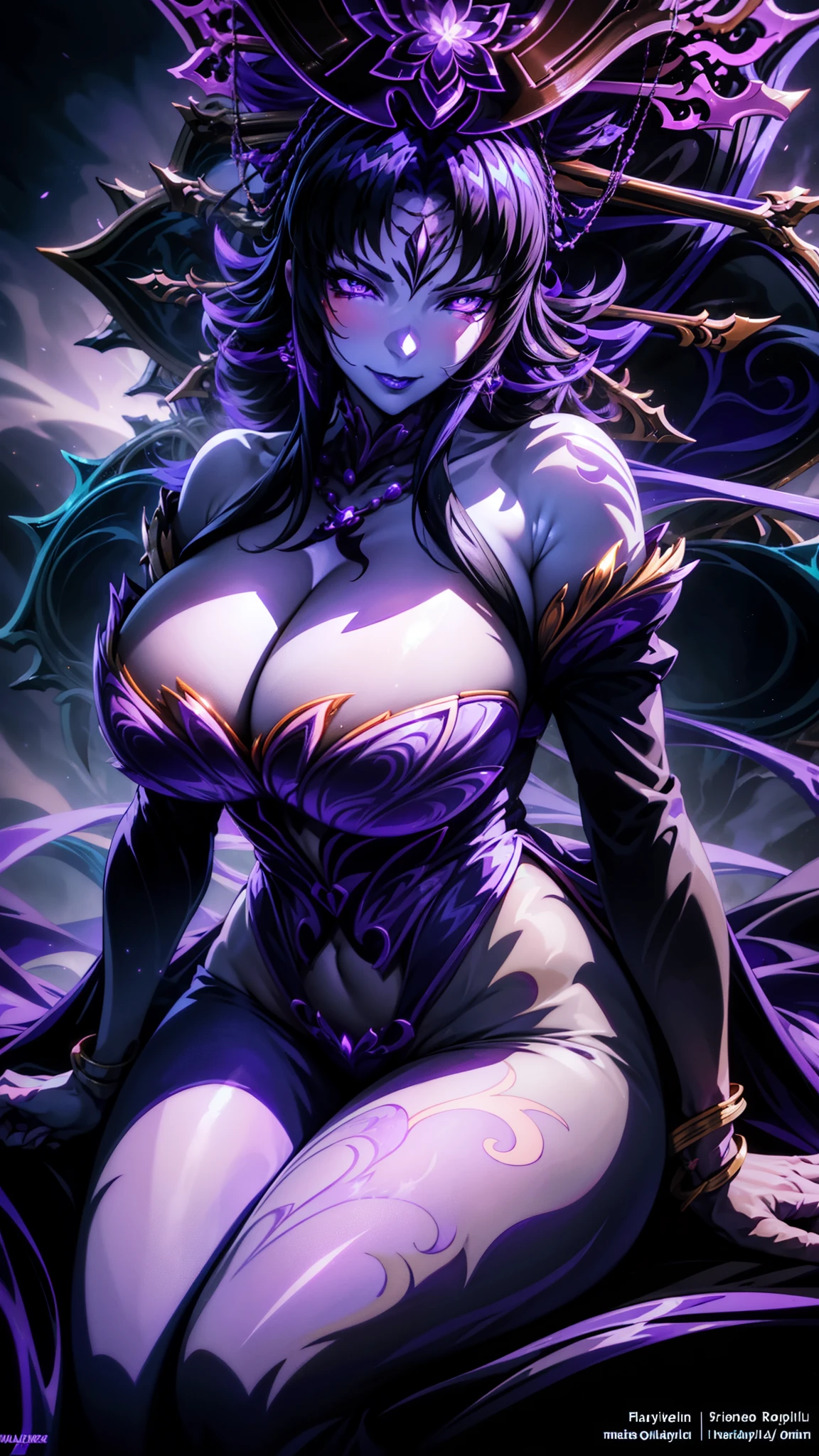 (purple phantylia),solo,big breasts,cleavage,4k portrait,evil smile,glowing eyes,highly details,standing,high resolution,blushing face,sitting,side view,dynamic pose,purple dress,(volumetric lighting,details face)
