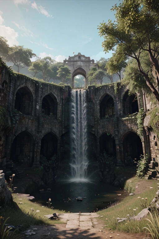 imagem conceitual 3d ruinas tomada pela natureza escombros antiguidade unreal engine