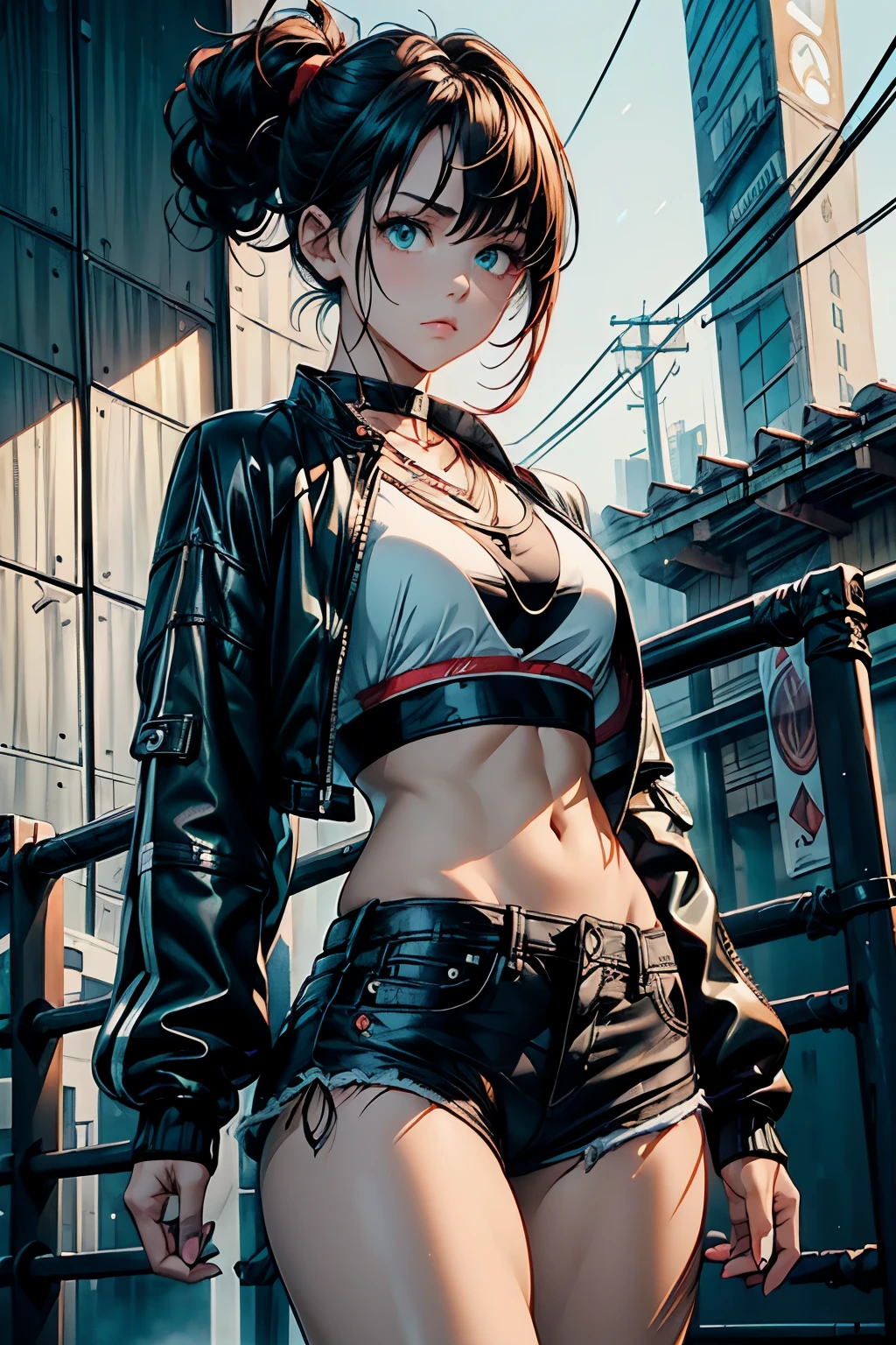 1girl, brunet hair, leather jacket, white crop top, ripped jeans, necklace, sitting, goddess body, exquisite face, jaw-dropping beauty, abandoned room, debris, peeling walls, fluorescent ceiling light, moody atmosphere, grungy setting, ((hyper realistic, detailed, RAW, cinematic lighting, masterpiece, 8K, depth of field, drop shadow, atmospheric, perfect composition)), cyberpunk aesthetic, indoor scene, dilapidated interior, intense gaze, edgy style