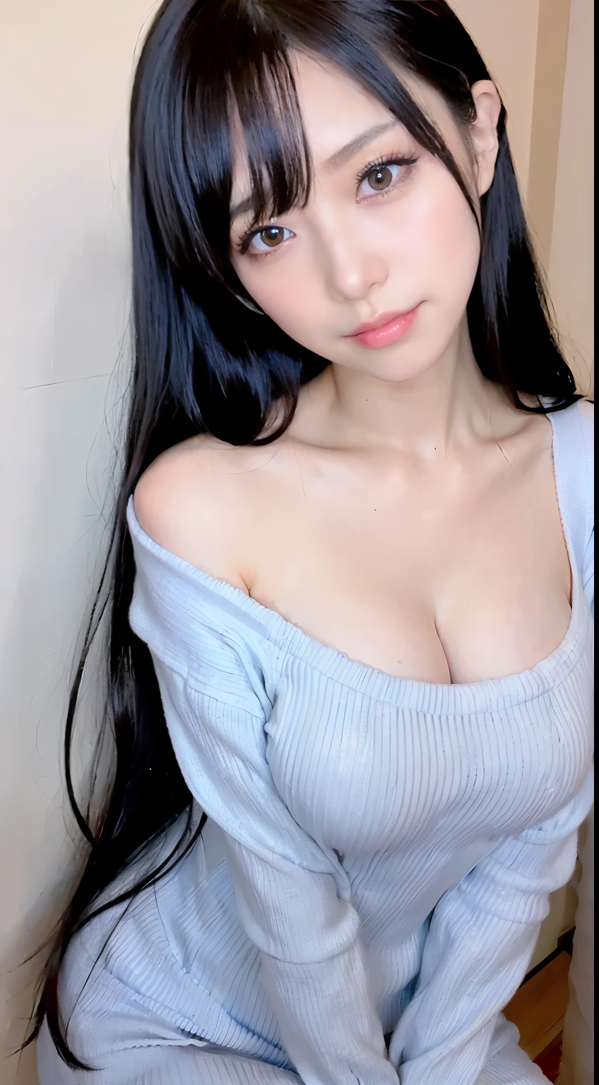 (highest quality、8K、32K、masterpiece、nffsw:1.2)、photo of cute japanese woman、very big breasts:6.0、(long black hair)、surface focus、(Gray knit dress with open chest and long sleeves)off shoulder、leaning forward、Chest emphasis、snowy city background、looking at the viewer、cleavage 6.0.balanced body