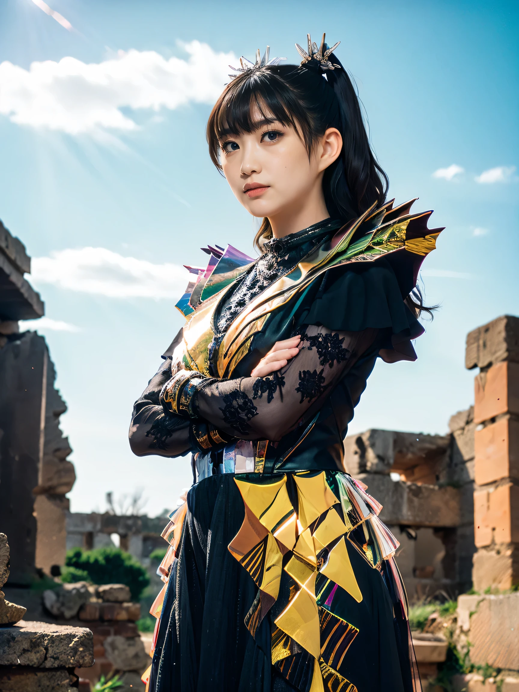raised eyebrows, smirk, high detail, Surrealism, film grain, ray tracing, multiple views, f/4.0, bokeh, lens flare, UHD, masterpiece, anatomically correct, 4K, metalverse, POV of a woman, crossed arms, 1 girl, (front view), wavy_hair, ponytails, long_sleeves, hair_accessories, (evil face:1.4) night, moonlight, (ancient ruins:1.4), (medieval age:1.2), aurora light, front-view, long_dress, black and white suit, armored white skirt, transparent armor, blurry_background, ultra high res,photorealistic:.1.4,uhd, (perfect_fingers:1.0), (perfect_legs:1.0), better_hands, More_Detail, (normal head size), aqua, white diamond, ,medieval era