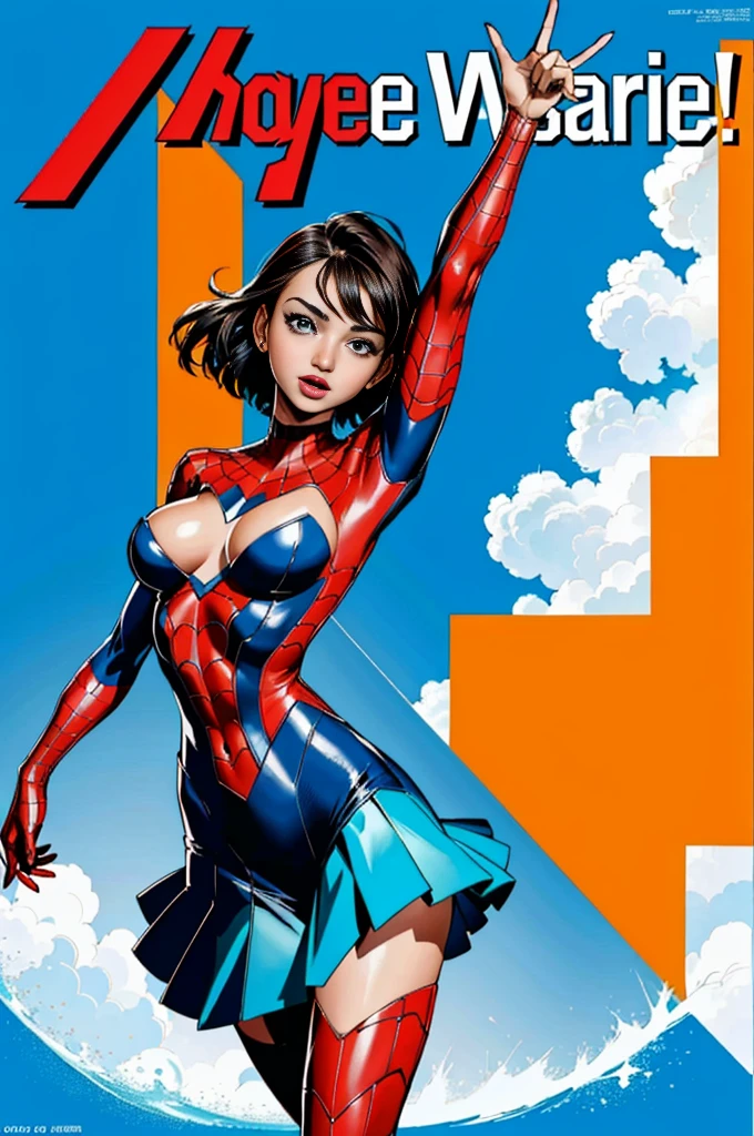 Miranda Kerr、Sticking out the navel、newyork、She wears a torn Spider-Man suit,wearing a skirt、abstract photorealistic、(masterpiece、highest quality、High resolution:1.4)、detailed、複雑なdetailed、looking at the viewer, figure, (magazine:1.3), (cover-style:1.3), woman, vibrant,  take a pose, With confidence, Performance, statement,scene, article, cover, bold, to attract attention, title, stylish, Font, catchy, headline, bigger, impressive,