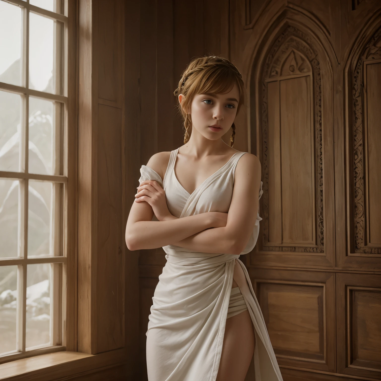 Sophia Lillis, thick body, braided ponytail, elven room, fantasy picture, white toga