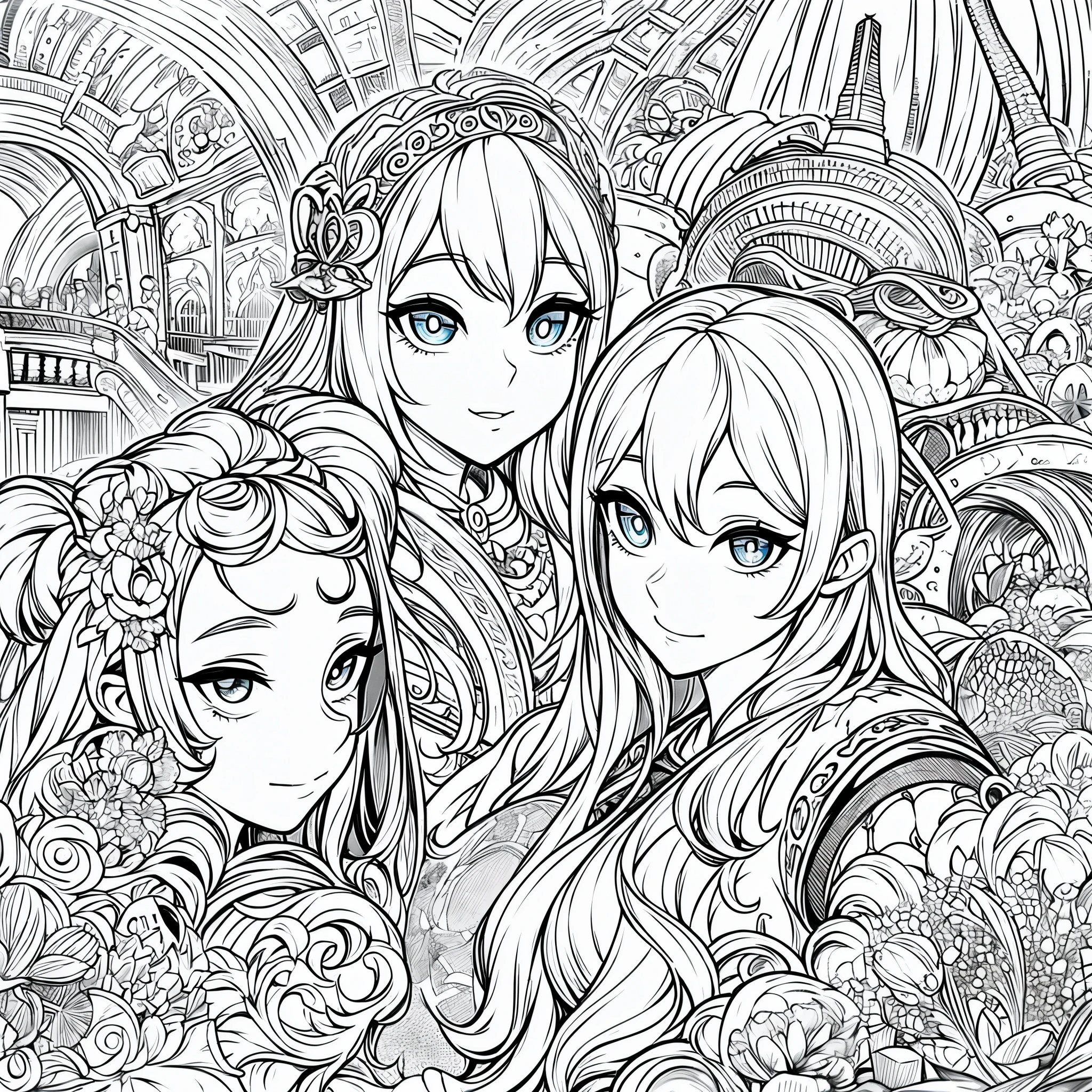 line art, monochrome, top quality, best quality, High-quality illustrations, masterpiece, super high resolution, detailed background, detailed background, An amusement park, Disneyland, group shot:0.5, 6+boys, 6+girls, Happy, joyful, absurdres(highly detailed beautiful face and eyes)perfect anatomy(Photos taken with friends)(kemono, furry anthro)selfie:0.5,