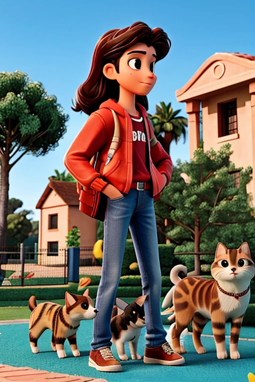 18 year old surrounded by pets, perros y gatos en parque. 