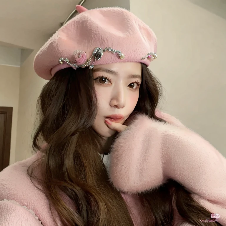 araffe wearing a pink hat and a pink coat with a pink fur coat, belle delphine, ulzzang, dilraba dilmurat, (pink colors), an oversized beret, blackpink jennie, jossi of blackpink, pink face, pokimane, bae suzy, sakimichan, chiho, tzuyu from twice