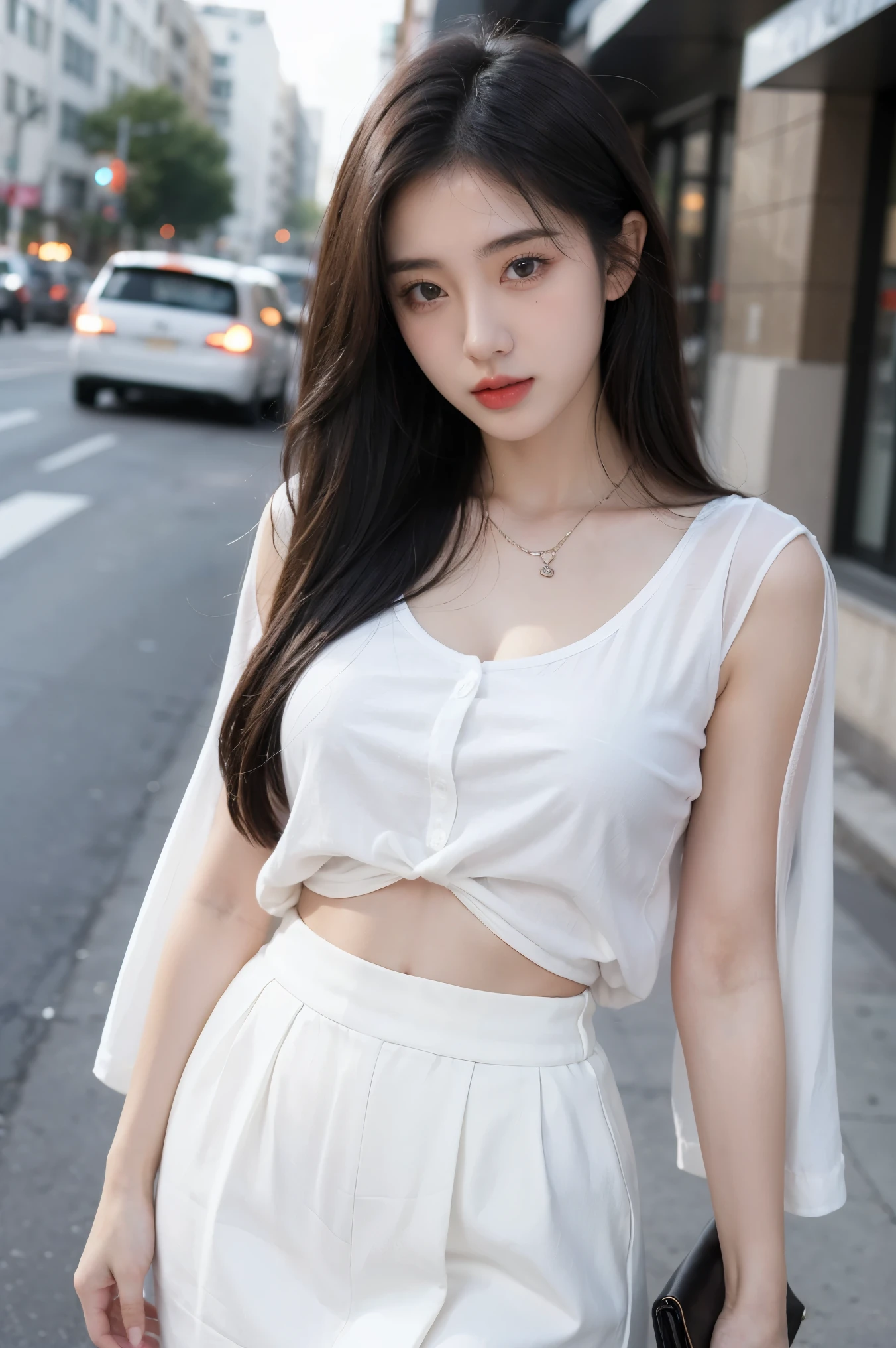 21yo girl, on the street, wearing a see-through white shirt, hot, sexy, korean, skirt