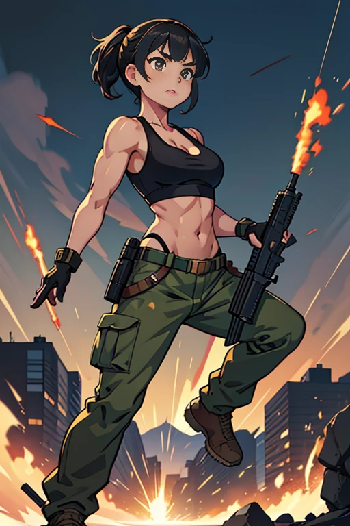 Full body, hq artwork, 24 year old, Filipino Woman, amber eyes, tan skin, short black hair, wearing marine corps uniform, athletic physique, strong muscles, military girl, soldier girl, infantry girl, camouflage uniform, torn tank top, belly button, gloves, torn military pants, small, cleavage, expression of determination, (holding rifle in both hands: 1.3), attack action, face close-up, action with impact, fighting on the battlefield, full body, background is ruined city, most strongest pose, female action anime girl, full body, striking manga artstyle, official art, official artwork, closeup view, badass pose, anime cover, wallpaper!, full art