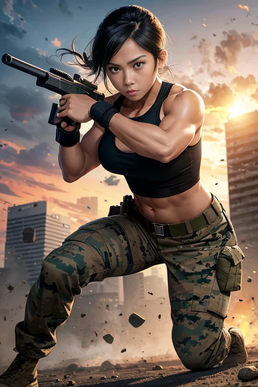 Full body, hq artwork, 24 year old, Filipino Woman, amber eyes, tan skin, short black hair, wearing marine corps uniform, athletic physique, strong muscles, military girl, soldier girl, infantry girl, camouflage uniform, torn tank top, belly button, gloves, torn military pants, small, cleavage, expression of determination, (holding rifle in both hands: 1.3), attack action, face close-up, action with impact, fighting on the battlefield, full body, background is ruined city, most strongest pose, female action, full body, 