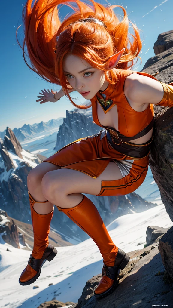 Elf beauty with orange hair, jumping the mountain,