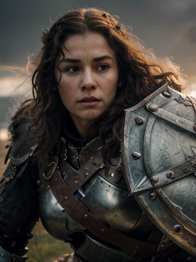 (masterpiece, highly detailed, ultra realistic, highest quality), portrait, closeup photo, viking warrior queen in full battle gear, 50 years old, dark curly hair, (hires textures) carrying a huge axe and shield, dynamic pose, fighting stance, nordic sunset background, gritty, ultra realistic, bokeh, game of thrones, tolkien, fantasy art