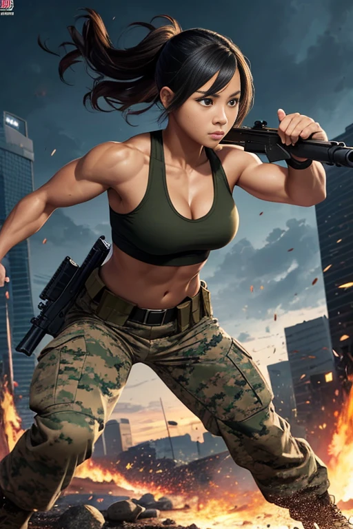 Full body, hq artwork, 24 year old, Filipino Woman, amber eyes, tan skin, short black hair, wearing marine corps uniform, athletic physique, strong muscles, military girl, soldier girl, infantry girl, camouflage uniform, torn tank top, belly button, gloves, torn military pants, small, cleavage, expression of determination, (holding rifle in both hands: 1.3), attack action, face close-up, action with impact, fighting on the battlefield, full body, background is ruined city, most strongest pose, female action, full body,