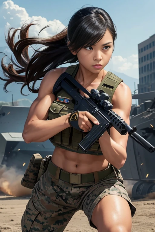 Full body, hq artwork, 24 year old, Filipino Woman, amber eyes, tan skin, short black hair, wearing marine corps uniform, athletic physique, strong muscles, military girl, soldier girl, infantry girl, camouflage uniform, torn tank top, belly button, gloves, torn military pants, small, cleavage, expression of determination, (holding rifle in both hands: 1.3), attack action, face close-up, action with impact, fighting on the battlefield, full body, background is ruined city, most strongest pose, female action, full body,
