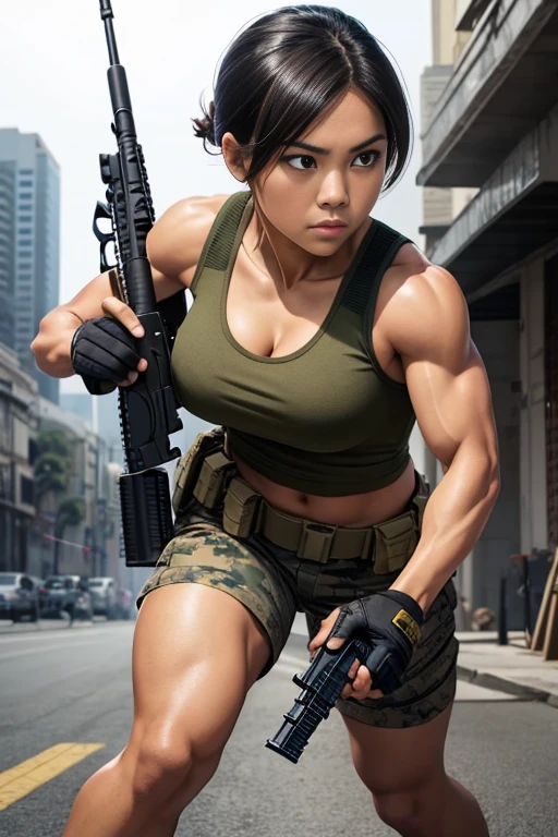 Full body, hq artwork, 24 year old, Filipino Woman, amber eyes, tan skin, short black hair, wearing marine corps uniform, athletic physique, strong muscles, military girl, soldier girl, infantry girl, camouflage uniform, torn tank top, belly button, gloves, torn military pants, small, cleavage, expression of determination, (holding rifle in both hands: 1.3), attack action, face close-up, action with impact, fighting on the battlefield, full body, background is ruined city, most strongest pose, female action, full body,
