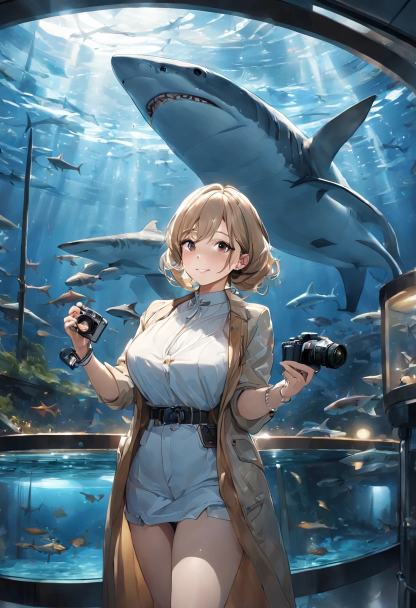 1lady standing, (watching hammerhead sharks in the tank), (holding a camera), (stylish outfit), mature female, /(light brown hair/) bangs, blush joyful smile (eyes sparkling with joy), (masterpiece best quality:1.2) delicate illustration ultra-detailed, large breasts BREAK (realistic hammerhead sharks), (lighting from ceiling) BREAK aquarium (dimly lit room) indoors, (massive tank)