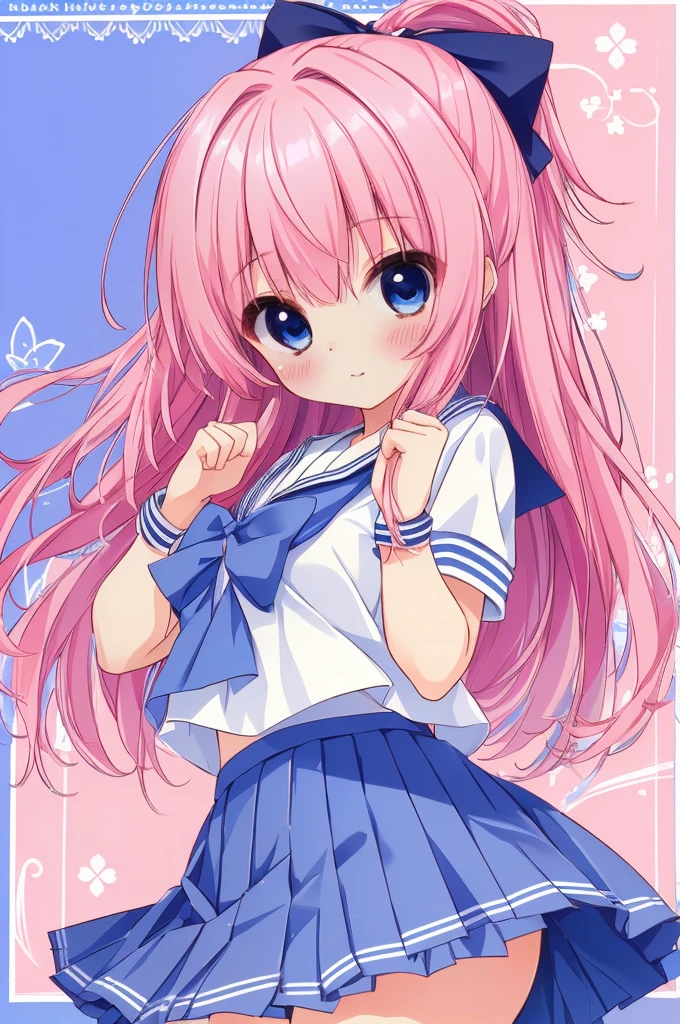 (masterpiece, best quality, high quality, highres, ultra-detailed), 1girl, solo, nodoka haramura, blue eyes, hair bow, long hair, pink hair, bow, blue skirt, kiyosumi , pleated skirt, , serafuku, skirt, , , multicolored background,