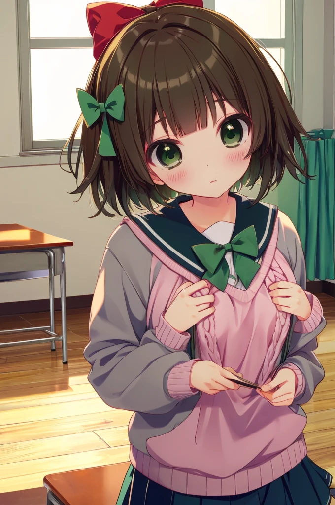 harukaamami, haruka amami, brown hair, (green eyes:1.5), short hair, (hair bow:1.5), hair ribbon, bangs, blunt bangs, (small breast:1.2), BREAK bag, bow, , serafuku, skirt, sweater, long sleeves, red bow, blue skirt, grey sweater, BREAK looking at viewer, BREAK indoors, classroom, BREAK (masterpiece:1.2), best quality, high resolution, unity 8k wallpaper, (illustration:0.8), (beautiful detailed eyes:1.6), perfect lighting, extremely detailed CG, (perfect hands, perfect anatomy),