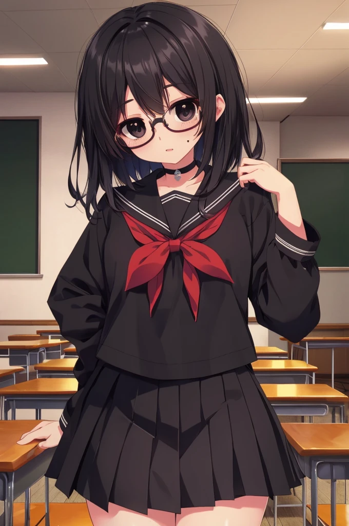chinatsu, chinatsu, black hair, glasses, mole, (black eyes:1.5), mole under mouth, rimless eyewear, medium hair, BREAK long sleeves, , serafuku, choker, black choker, skirt, pleated skirt, BREAK indoors, classroom, BREAK looking at viewer, (cowboy shot:1.5), BREAK (masterpiece:1.2), best quality, high resolution, unity 8k wallpaper, (illustration:0.8), (beautiful detailed eyes:1.6), extremely detailed face, perfect lighting, extremely detailed CG, (perfect hands, perfect anatomy),