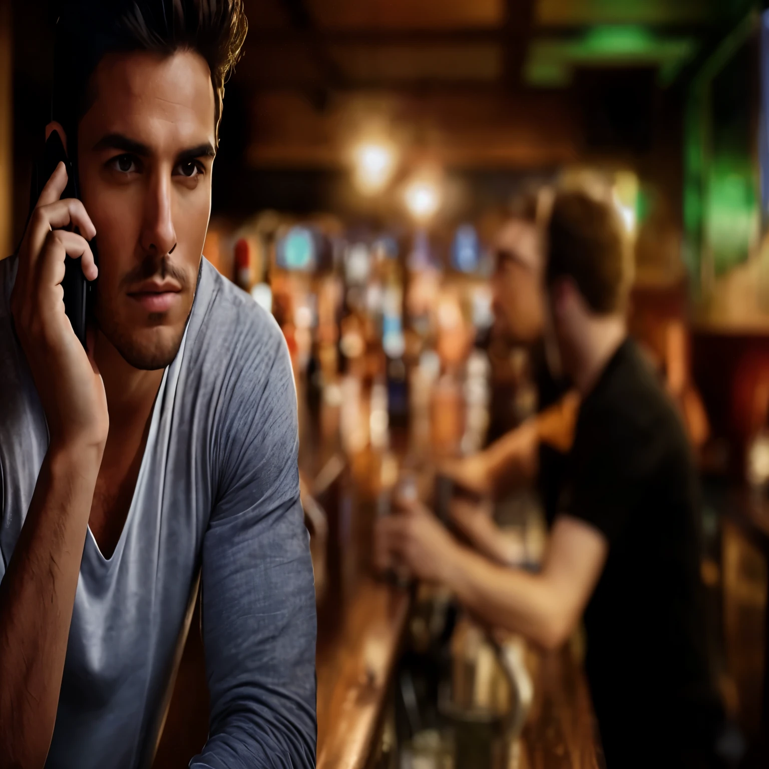 there is a man sitting at a bar talking on a cell phone, background bar, portrait shot, sitting alone at a bar, handsome man, at a bar, drinking at the bar, attractive man, sitting at the bar, in a bar, sitting at a bar, bar in background, over-shoulder shot, handsome male, beautiful man, mid - shot