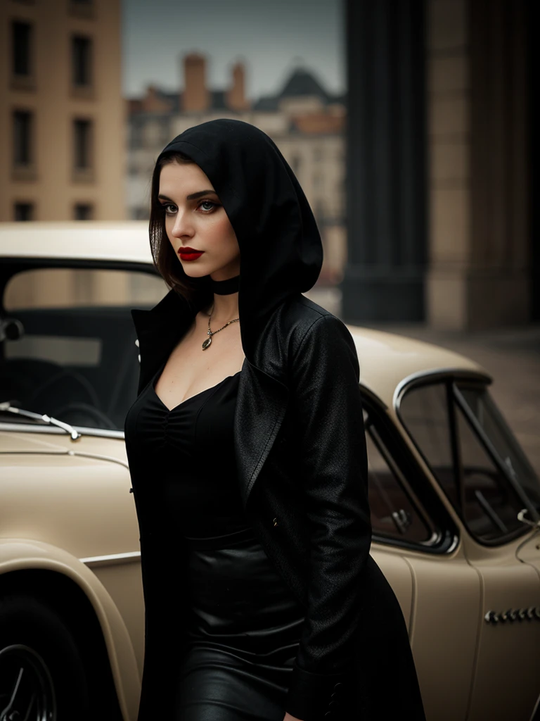 A seductive femme fatale around 20 years old is seen leaning against the hood of a vintage car collection. The cityscape behind her is a mesmerizing fusion of gothic and Art Nouveau architecture. Her alluring silhouette is accentuated by the cinematic lighting, adding to her mysterious and captivating aura. The intricate details of her vintage high fashion outfit are depicted in an loose painting style, capturing each curve and texture with volumetric lighting in an 8k render. Her dark, sultry eyes and red lipstick are vividly rendered, making for an unequivocally enchanting image. ((Top Quality, 8k, Masterpiece: